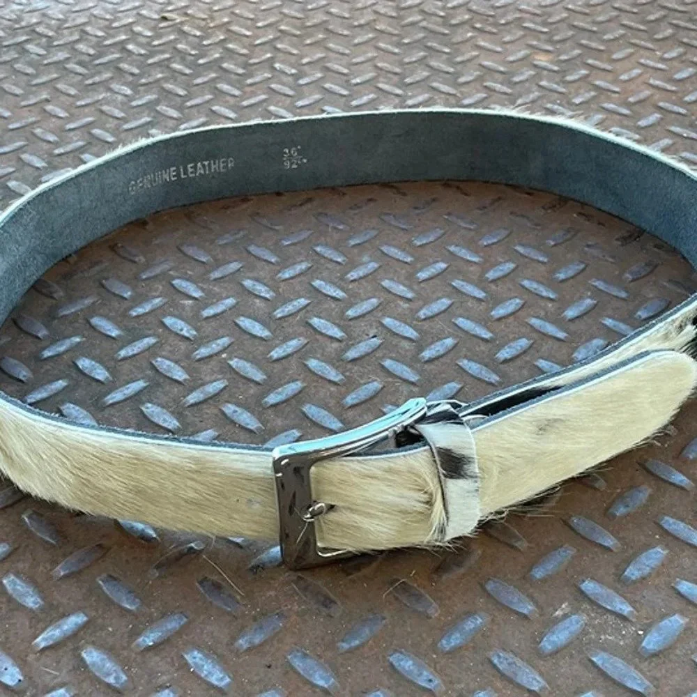 Real Fur Belt WhiteBlack Tone Genuine Leather Waistband Handmade Belt Size 38 - Picture 3 of 7